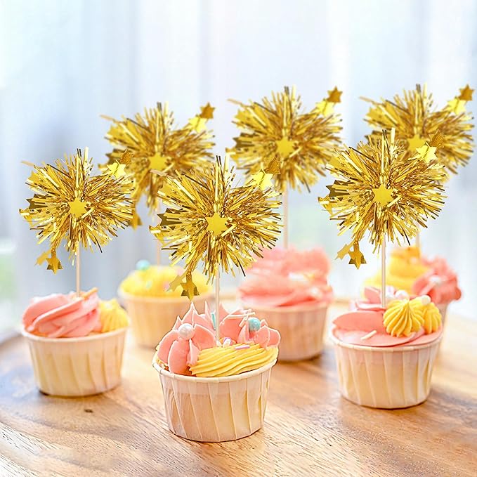 Rsstarxi 30 Pack Gold Firework Cupcake Toppers Birthday Cupcake Toppers Sparkle Tinsel Flower Drink Stirrers Cocktail Toothpicks for New Years Valentine's Day Party Cake Decorations