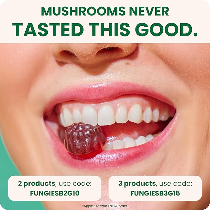 Fungies Multi Mushroom Gummies for Men & Women - Mushroom Supplement Includes Lion?™s Mane, Cordyceps, Reishi, Chaga, Shiitake, Maitake & Turkey Tail - Gelatin-Free, Gluten-Free & Vegan Gummy Vitamins