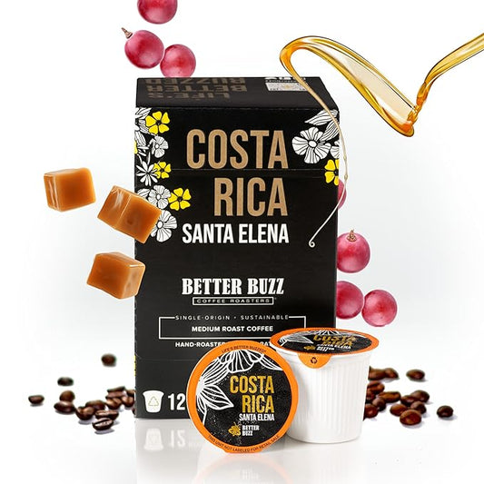 Better Buzz Costa Rica Medium Roast Coffee Pods 12ct., California Solar Energy Produced Recyclable Coffee Pods, Small Batch Roasted Single Origin Coffee, K-Cup Compatible, Life's Better Buzzed