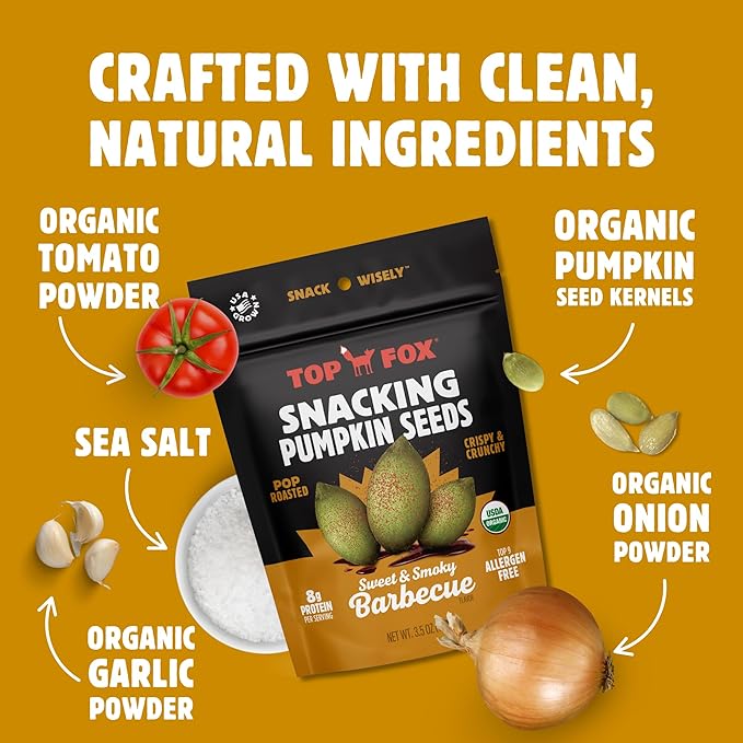 Top Fox Snacks BBQ Pumpkin Seeds to Eat (Barbecue, 3.5 oz – 2 Pack) - Gluten Free Snacks, Healthy Protein Snacks, Keto Friendly Snacks, Allergen Free Snacks, Paleo & Vegan - Organic Pop-Roasted