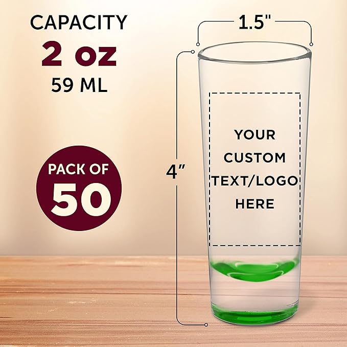 Custom Cordial Shooter Shot Glasses 2 oz. Set of 50, Personalized Bulk Pack - Great for Birthdays, Parties, Indoor & Outdoor Events - Green