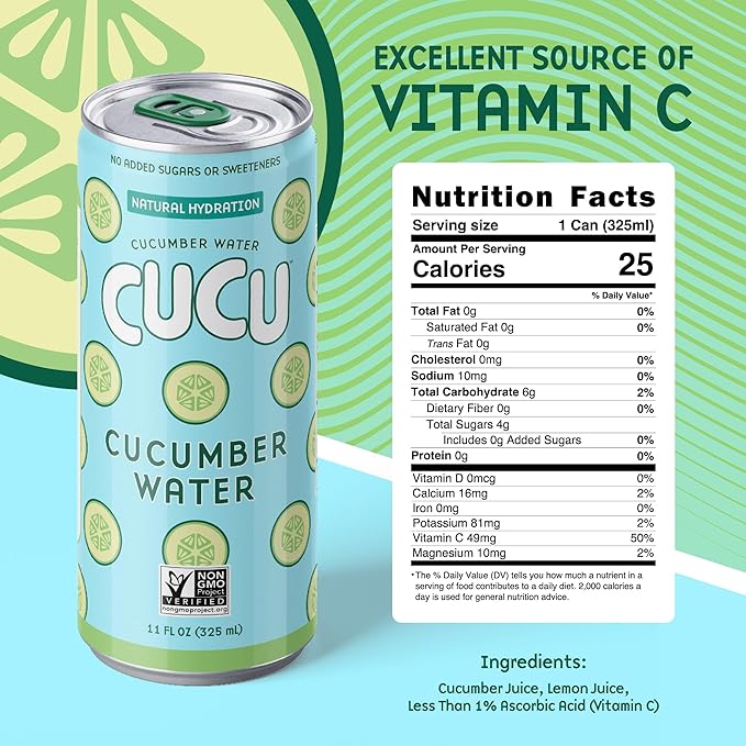 CUCU Cucumber Water ??Natural Hydration from Cucumbers with Vitamin C, Electrolytes & Antioxidants ??No Sugar Added, Non-GMO ??12 Pack, 11 fl oz Cans