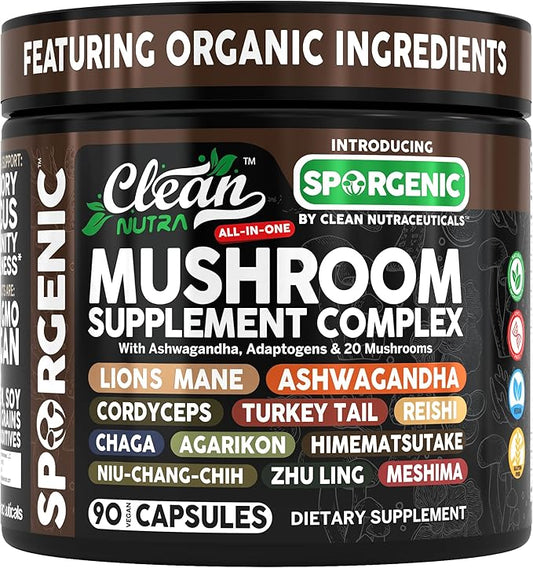 Organic Mushroom Supplement | Ashwagandha Lions Mane Cordyceps Turkey Tail Reishi Mushrooms Maca