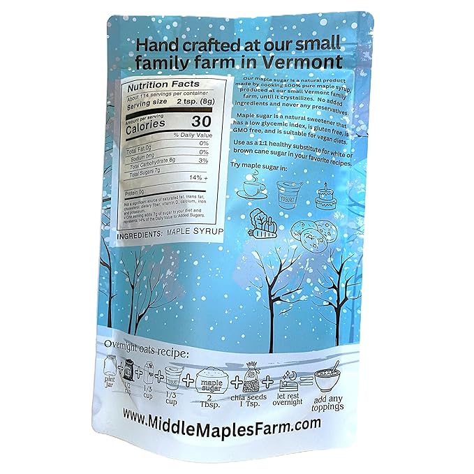 Vermont Pure Powdered Granulated Organic Maple Sugar, Product of USA, from Middle Maples Farm, 2lb resealable pouch, Non-GMO, Gluten Free, No Preservatives, Vegan