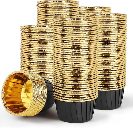 EUSOAR Baking Cups, 200pcs 3.5oz Aluminum Muffin Cupcake Liners Mini Cheesecakes Cups, Disposable Ramekins Foil Dessert Wrappers Paper Cupcake Liners Holder for Birthday Wedding Party-Black/Gold