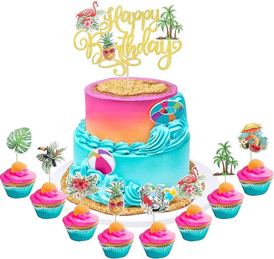41 Pack Happy Birthday Cupcake Toppers Glitter Flamingo Plam Tree Pineapple Cupcake Picks Summer Beach Tropical Luau Cupcake Decorations for Summer Theme Birthday Party Supplies
