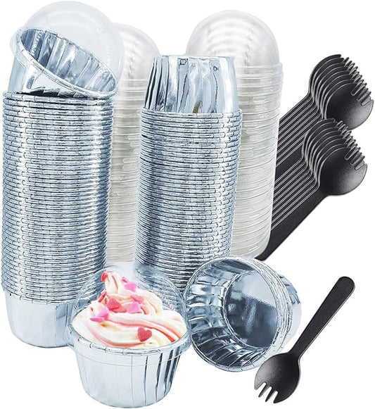 Foil Cupcake Liners with Lids 100Pack,Free-Air 3.5Oz Foil Baking Cups Mini Muffin Liners,Disposable Muffin Tins Muffin Cups,Sturdy Baking Tins Cupcake Wrappers for Individual Bakery,with Spoons-Silver