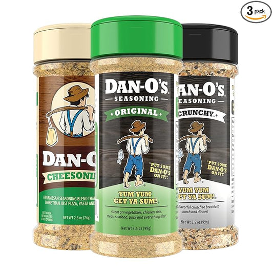 Dan-O's 3 Bottle Seasoning Set, Small Bottles, 3 Pack, Includes Cheesoning, Original and Crunchy Seasonings, Sugar Free, Zero Calorie, Use this Seasoning Kit on Meat, Popcorn or Sauce