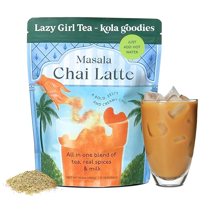 Kola Goodies Lazy Girl Tea Masala Chai Powder – Spiced Indian Chai with Ceylon Tea, Cardamom, Ginger, Cinnamon – Instant Creamy Milk Tea Mix – Low Sugar – 15 Servings