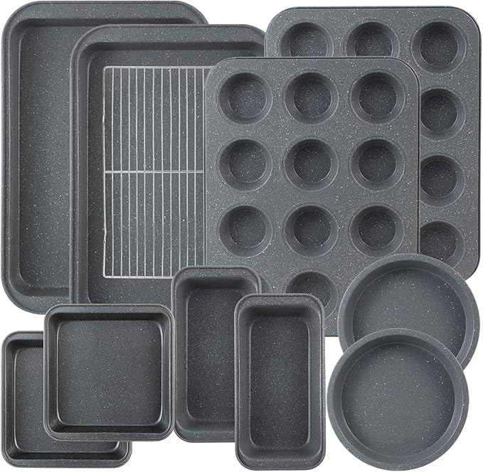 11-Piece Nonstick Baking Pans Set - Professional Grade Carbon Steel Bakeware with Premium Coating- Dishwasher Safe, Stackable, Oven Safe to 450°F (Steel Gray)