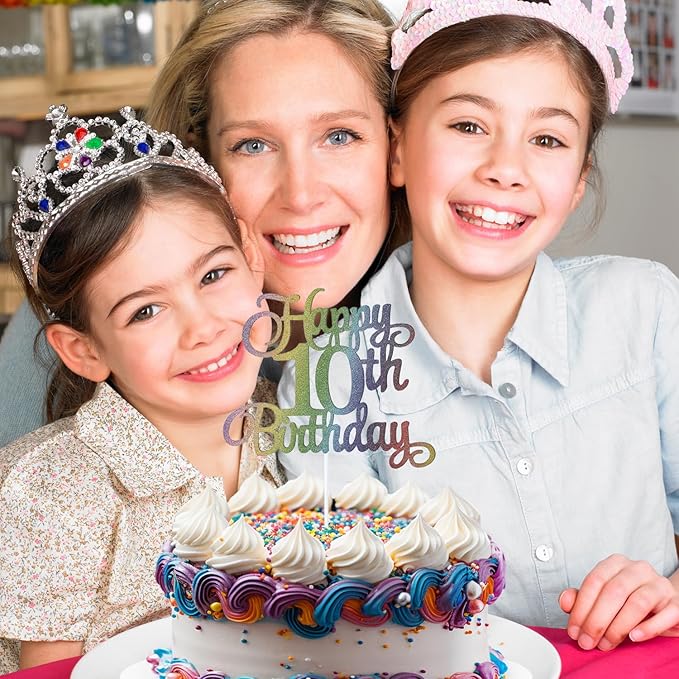 10th Happy Birthday Cake Topper, Glitter Happy 10th Birthday Cake Topper for Birthday Party Cake Decoration(Rainbow Color)