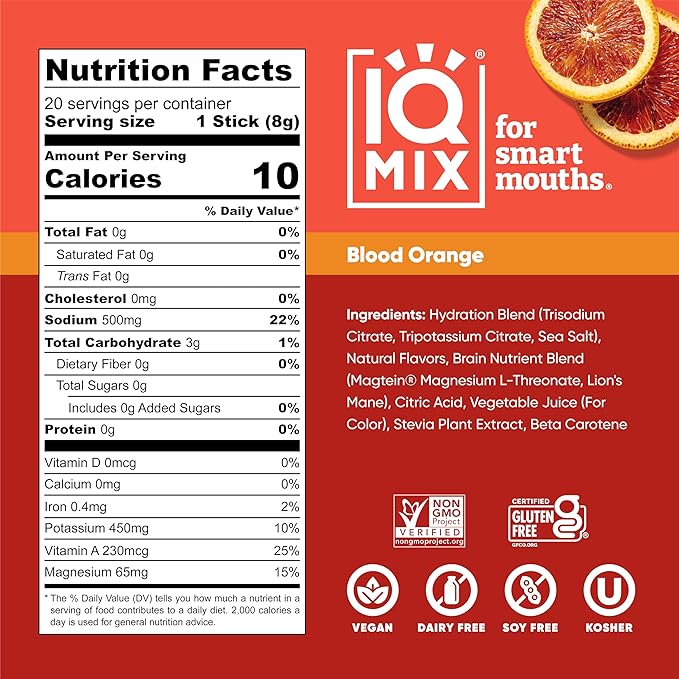 IQMIX Hydration Electrolyte Powder ??4-in-1 Formula for Hydration, Mental Clarity, Mood and Recovery ??Sugar-Free Drink Mix, Keto, Magnesium L-Threonate, Lion?™s Mane ??20 Count Blood Orange