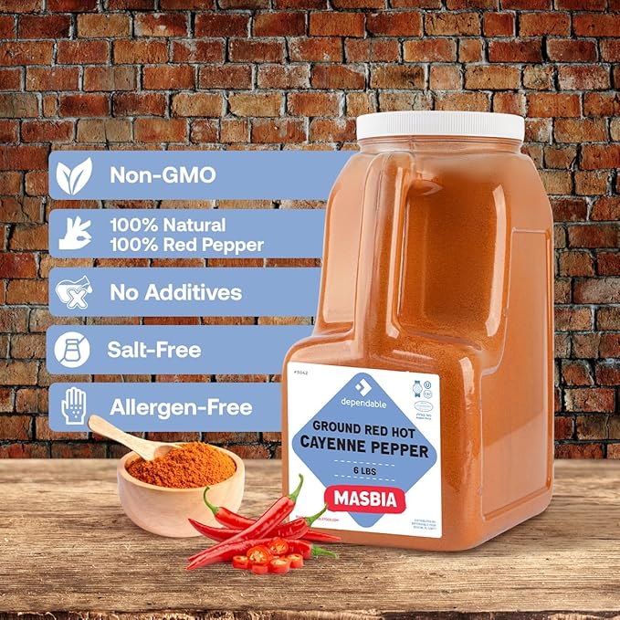 Dependable Food Ground Red Pepper | 6 Lb. Jar | 40,000 SHU Heat | Bulk, Kosher Cayenne Pepper Seasoning for Chefs, Restaurants, and Culinary Enthusiasts - 100% Pure Red Pepper Powder - Non-GMO - Adds Fiery and Spicy Kick to Dishes - Allergen Free