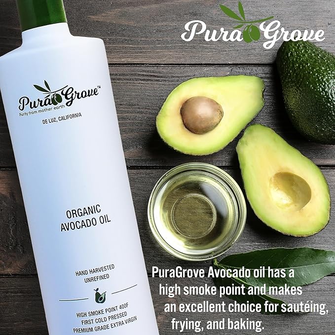 Pura Grove Organic Avocado Oil For Cooking - High Smoke Point Cold Pressed Premium Grade Avocado Oil - 16.9 Fl Oz Opaque Glass Bottle