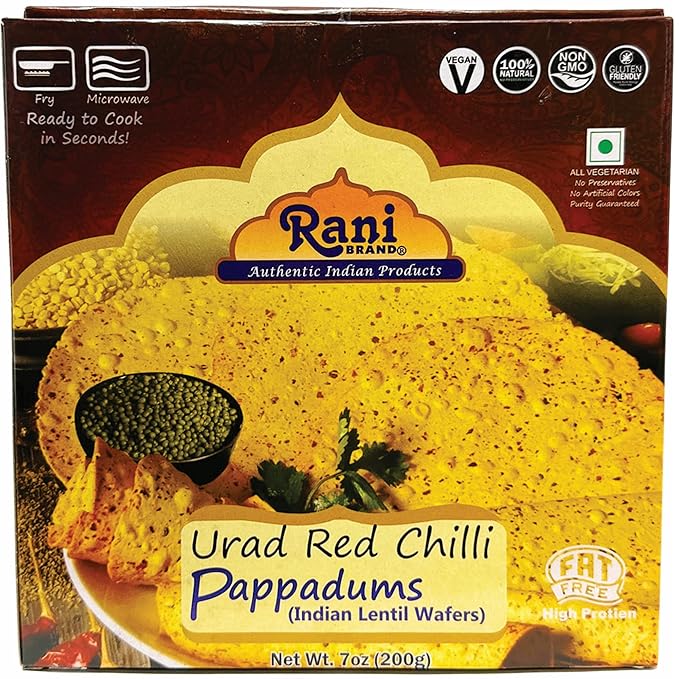 Rani Pappadums (Indian Lentil Wafer Snack) Red Chilli Papad 7oz (200g) Approximately 15pc, 7 inches, Pack of 12 ~ All Natural | Gluten Friendly | NON-GMO | Vegan | Indian Origin