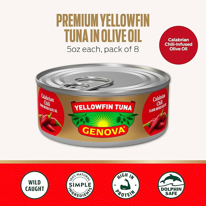 Genova Premium Yellowfin Tune in Calabrian Chili Infused Olive Oil, 5 Ounce Cans, 12-Pack – Nutrient Rich, High Protein Canned Tuna Fish - Delicious, Easy, Nutritious Ready to Eat Meals