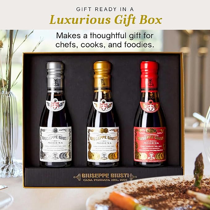 Giusti Balsamic Vinegar of Modena Trio Gift Set ??3 Bottles of Premium Italian Aceto Balsamico di Modena IGP Matured to Different Levels, Gourmet Collection in an Elegant Box ??3 x 3.38 fl oz