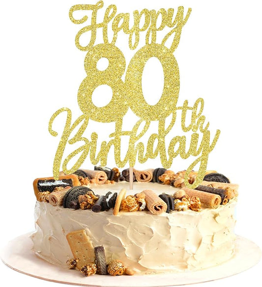 1 PCS Happy 80th Birthday Cake Topper Glitter Cheers to 80 Years Birthday Cake Pick Eighty Hello 80 Fabulous Cake Decoration for Happy 80th Birthday Anniversary Party Decorations Supplies Gold