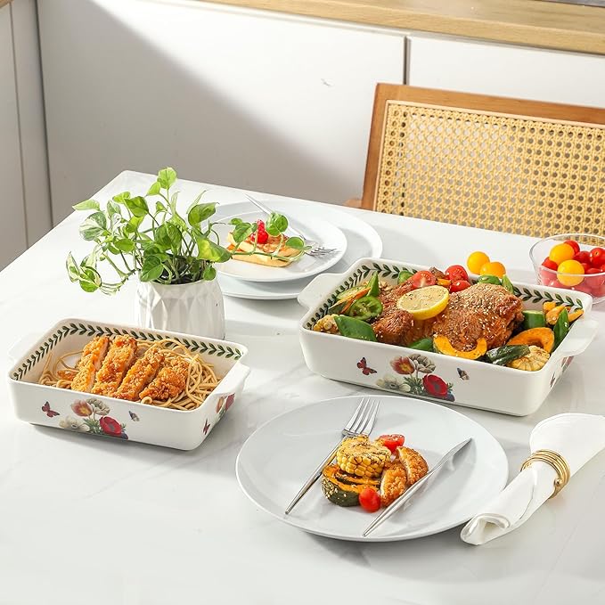 Ceramic Baking Casserole Dish with Handles, Large 8x13 inch & 6x10 inch Pan and Middle Baking Pan - Porcelain Serving Bakeware Set (Papaver rhoeas)