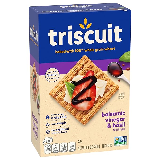 Triscuit Balsamic Vinegar & Basil Whole Grain Wheat Crackers, Lunch Snacks, Bulk Snack Crackers, 6 - 8.5 oz Boxes