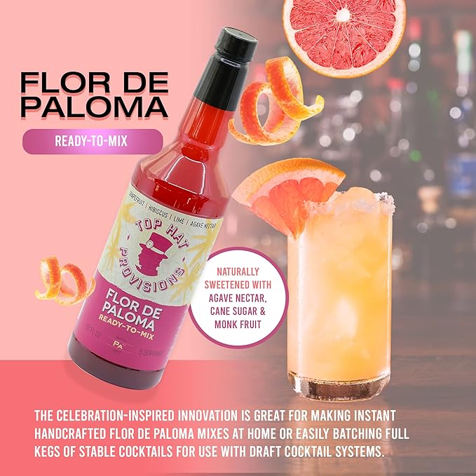 Top Hat Hibiscus Paloma Mix - Craft Grapefruit Hibiscus Cocktail Mixer - Handcrafted with Organic Agave - Low Calorie - 32oz Bottle