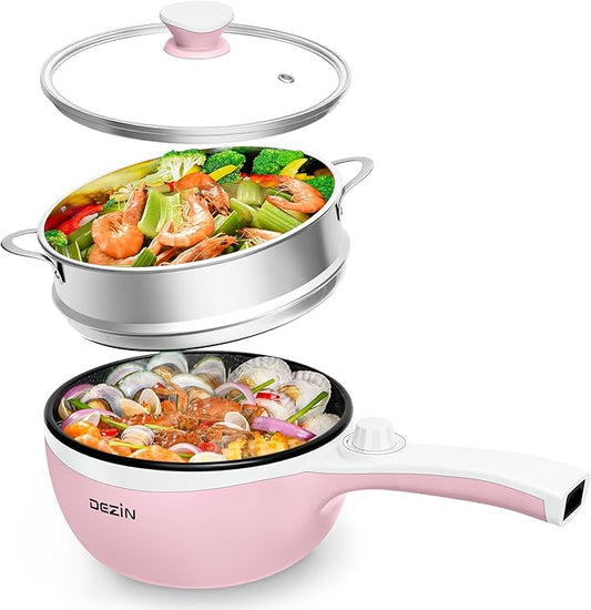 Dezin Hot Pot Electric with Steamer Upgraded, Non-Stick Saut챕 Pan, Rapid Noodles Electric Pot, 1.5L Mini Pot for Steak, Egg, Fried Rice, Ramen, Oatmeal, Soup with Power Adjustment