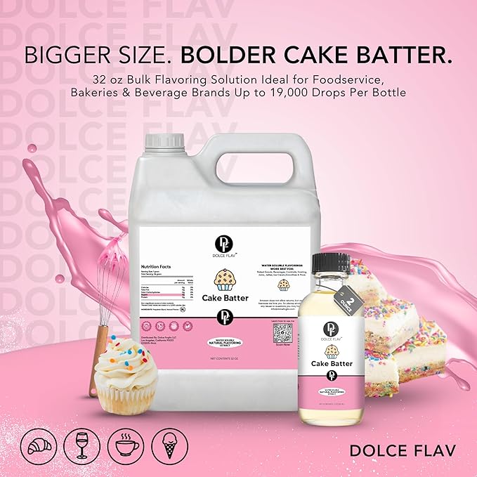 Dolce Flav Cake Batter Flavoring ??32 oz. ??Premium Water-Based Extract for Ice Cream, Desserts, Boba, Beverages & Baked Goods | Perfect for Bakeries, Caf챕s & Restaurants
