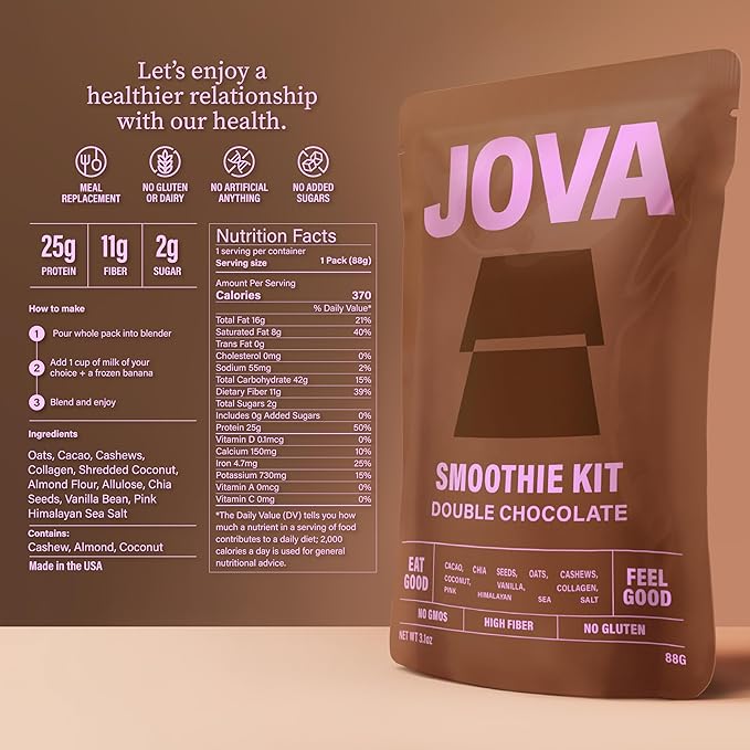 JOVA Double Chocolate Superfood Smoothie | 25g Protein, 11g Fiber, 2g Sugar | Delicious Whole Food Blend: Oats, Cacao, Cashews, Collagen & Chia Seed (Ready in 1 Minute), Single Serve