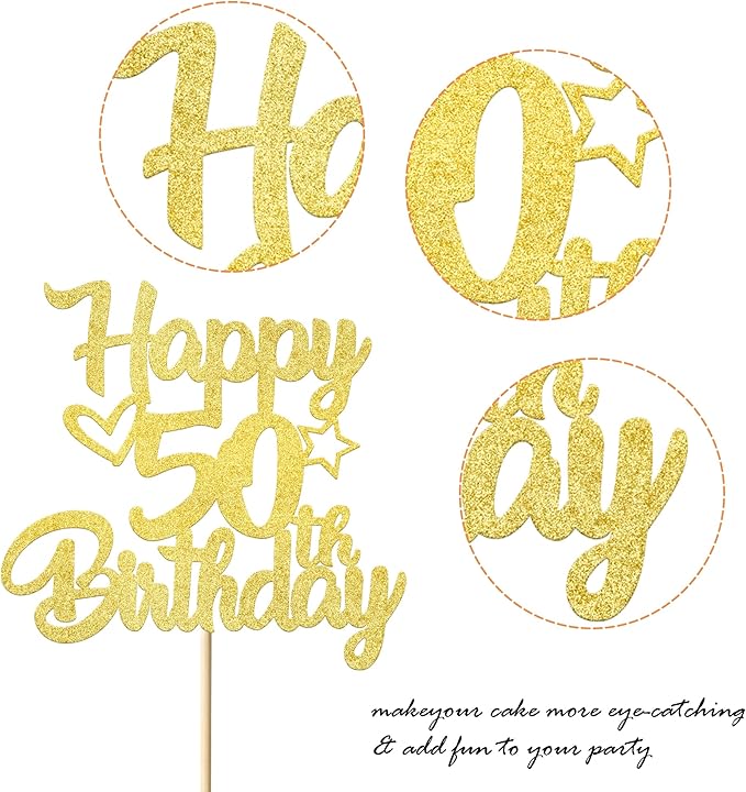 1 Pack Happy 50th Birthday Cake Topper Glitter Heart Star 50 Fabulous Cake Pick Birthday Sign Cake Decorations for Children 50th Birthday Theme Party Supplies Gold
