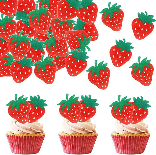 60 PCS Edible Strawberry Cupcake Toppers Wafer Paper Sweet Berry Cupcake Picks Edible Strawberry Cupcake Decorations for Baby Shower Wedding Birthday Party Cake Food Decorations Supplies