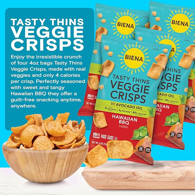 BIENA Tasty Thins Veggie Crisps ??Hawaiian BBQ, 4-Pack, 4 oz Bags ??Chickpeas & Veggies, Vegan, Gluten Free, Dairy-Free, Non-GMO, Allergy-Friendly, Healthy Snacks for Adults and Kids