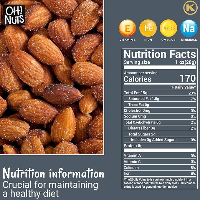 Oh! Nuts Almonds - Dry Roasted Salted - 1 lb - Freshly Oven Roasted and Salted Almonds - Packed in New York Zip-Seal Bag for Exceptional Freshness