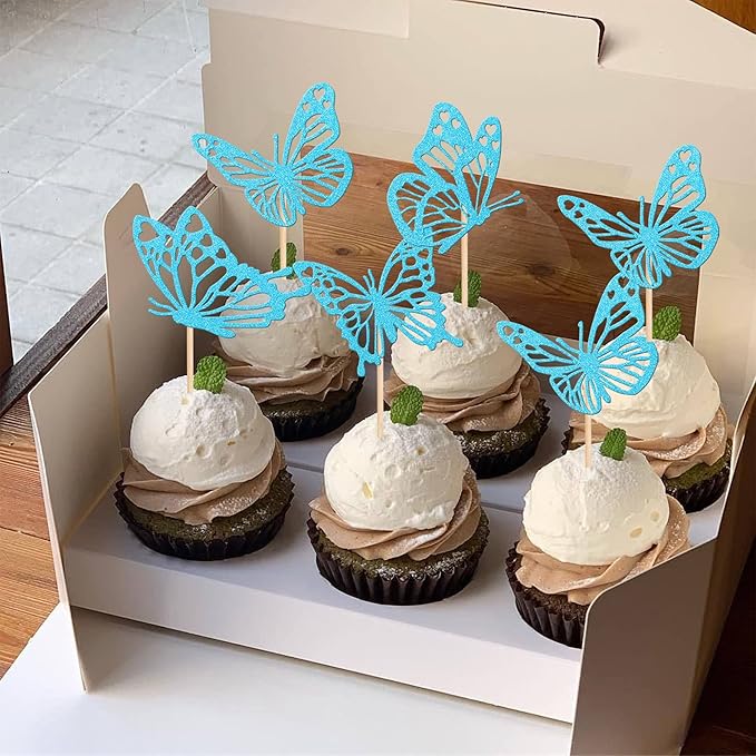 Rsstarxi 24 Pack Butterfly Cupcake Toppers Blue Glitter Assembled Butterfly Baby Shower Cupcake Picks for Wedding Engagement Bridal Shower Kids Birthday Party Cake Decorations