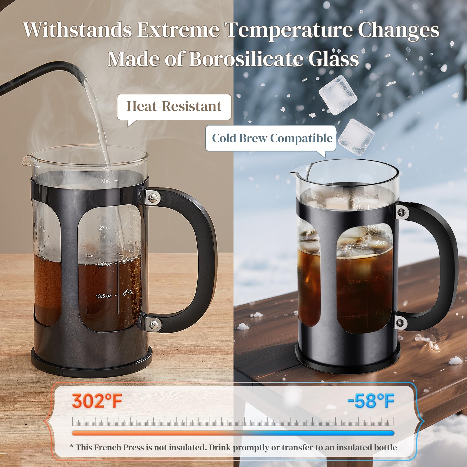 Veken French Press Coffee Maker, No Plastic Touching Cafe,34oz 1 L Cafetera