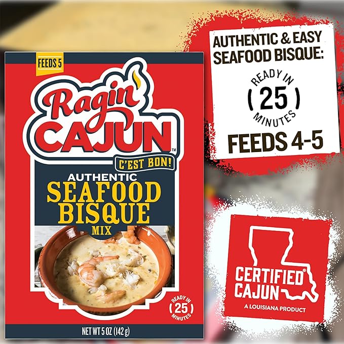 Ragin' Cajun Rich Seafood Bisque Mix - 5 oz Box, Pack of 6, No MSG, Authentic Louisiana Creole Shrimp Soup, Perfect for Quick Family Meals, Gourmet Crab Crawfish Stew, Easy Cajun Recipe with Premium Flavor