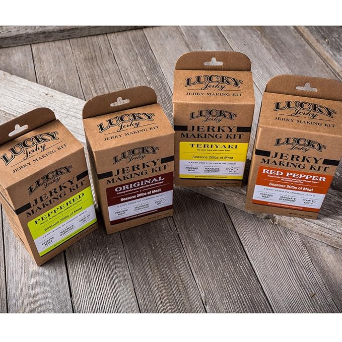 Lucky Jerky DIY Jerky Seasoning and Cure Kit 4 Pack - Original, Red Pepper, Teriyaki, Peppered- Season 80lbs of Meat