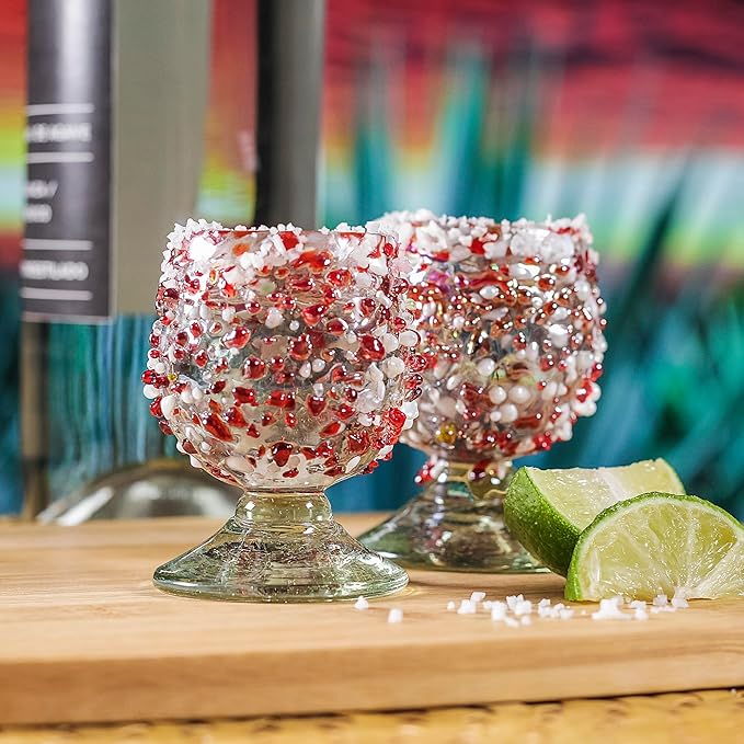 Authentic Mexican Tequila Shot Glasses (Set of 4) - Hand Blown 2oz Mini Snifters - Festive Red & White Stone Blend, Heavy Base