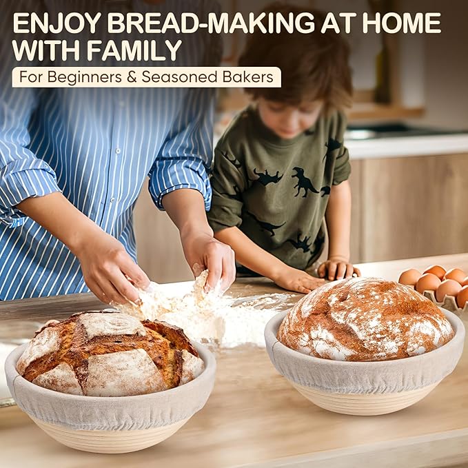 TeamFar Bread Proofing Basket Set of 2, Sourdough Bread Baking Supplies, 9 Inch Round Proofing Baskets for Sourdough Bread Baking, Proofing Bowls with Liner for Dough Fermentation