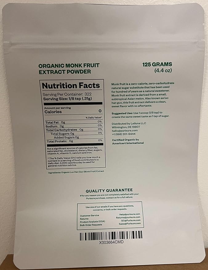 Organic Monk Fruit Sweetener, 125g (4.41oz), No Fillers Pure USDA Organic Monk Fruit Extract Powder with No Aftertaste, Zero Calorie & Zero Carbs, Keto & Paleo Friendly 320-400 Servings