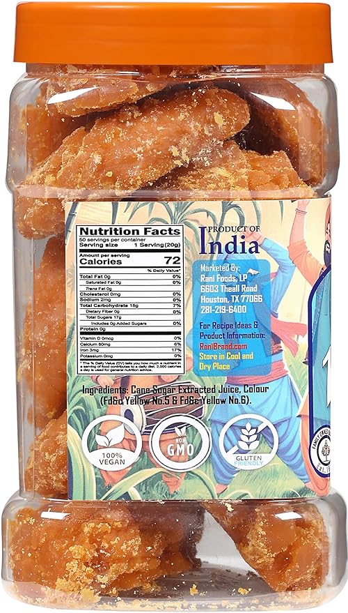 Rani Pesi Gur (Jaggery) Indian Unrefined Raw Cane Sugar 35oz (2.2lbs) 1kg PET Jar ~ Gluten Friendly | Vegan | NON-GMO | Kosher | No Salt or fillers | Indian Product