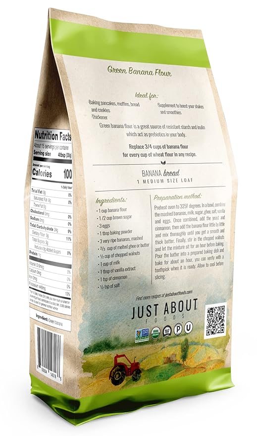 USDA Organic Banana Flour 1lb, Vegan, Paleo, Grain & Gluten Free, All-Purpose Wheat Flour Alternative, Great For Baking and Cooking, Just About Foods