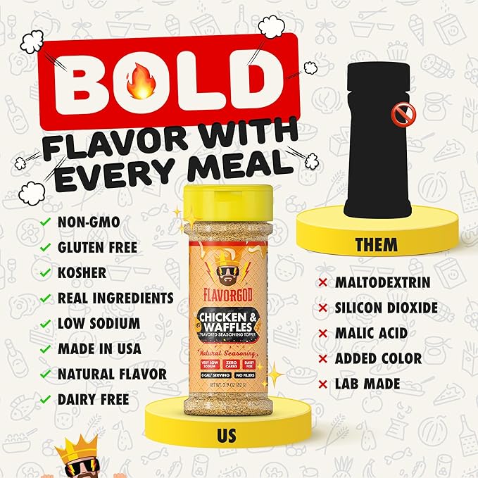 Chicken & Waffles Seasoning Topper Mix, 2 Bottles by Flavor God - Premium All Natural & Healthy Spice Blend for Chicken, Pasta & Vegetables - Kosher, Low Sodium Great Flavor Spices and Seasoning Gift