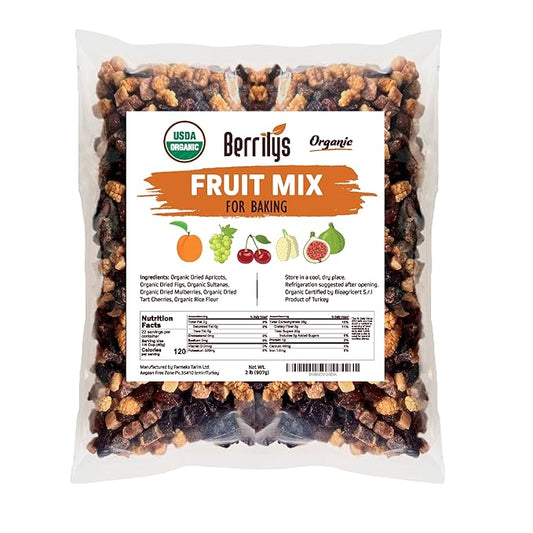 Berrilys Dried Fruit Mix, 2 Lbs, Organic, Diced Figs, Diced Apricots, White Mulberries, Sultanas, Sour Cherries, No Sugar Added, Trail Mix for Baking and Snacking