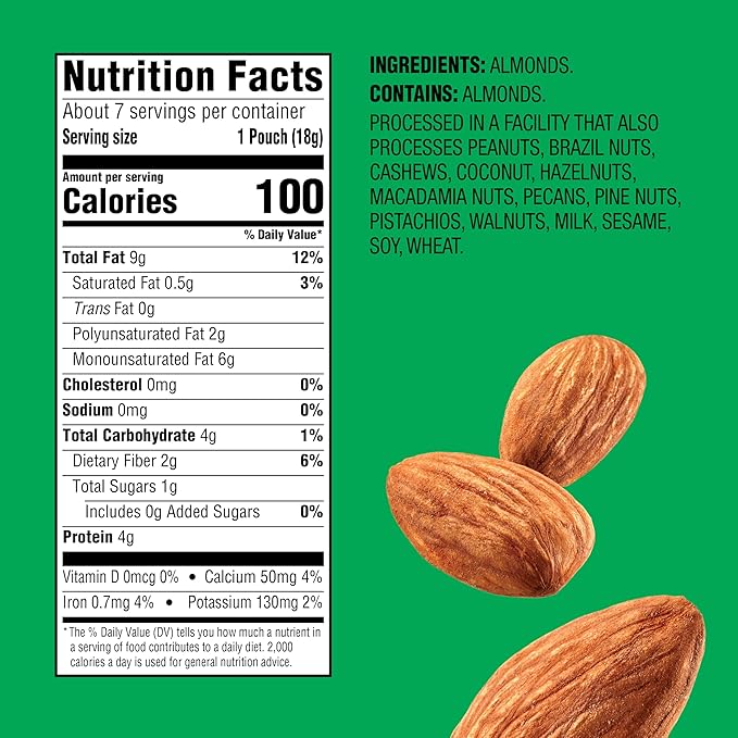 Emerald Nuts Whole Almonds 7ct (1-Pack), 100-Calorie Individual Packs, Kosher Certified, Non-GMO, Contains No Artificial Preservatives, Flavors or Synthetic Colors