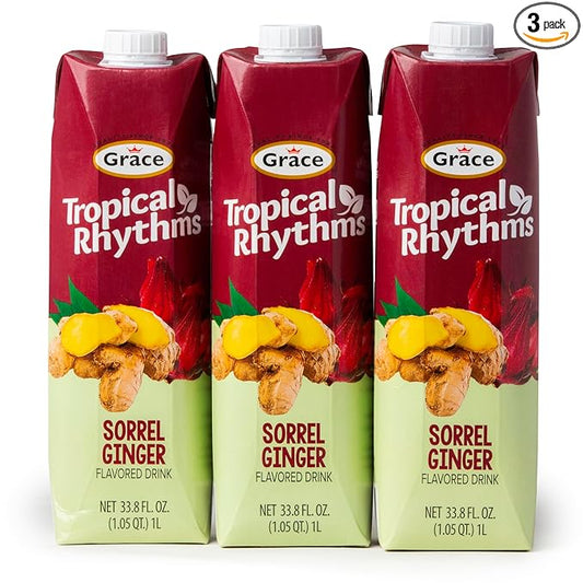 Grace Tropical Rhythms Sorrel Ginger Jamaican Fruit Juice 1 Liter (33.8oz) - 3 Cartons - Authentic Jamaican Ginger Juice Pure Drink