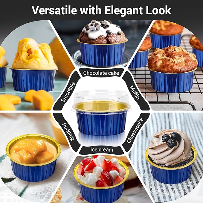 EUSOAR Disposable Ramekins with Lids, Royal Blue 50pcs 5oz Creme Brulee Ramekins Disposable, Muffin Liners Cups，Mini Cheesecake Foil Pans Dessert Containers with Lids for Party Favor Birthday