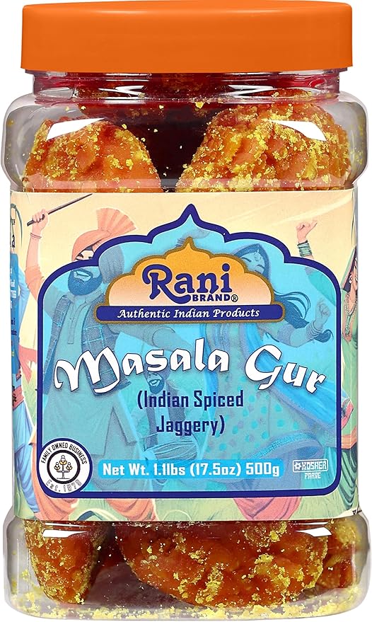 Rani Masala Gur (Jaggery) Indian Unrefined Raw Cane Sugar 17.5oz (1.1lbs) 500g PET Jar ~ Gluten Friendly | Vegan | NON-GMO | Kosher | No Salt or fillers | Indian Product