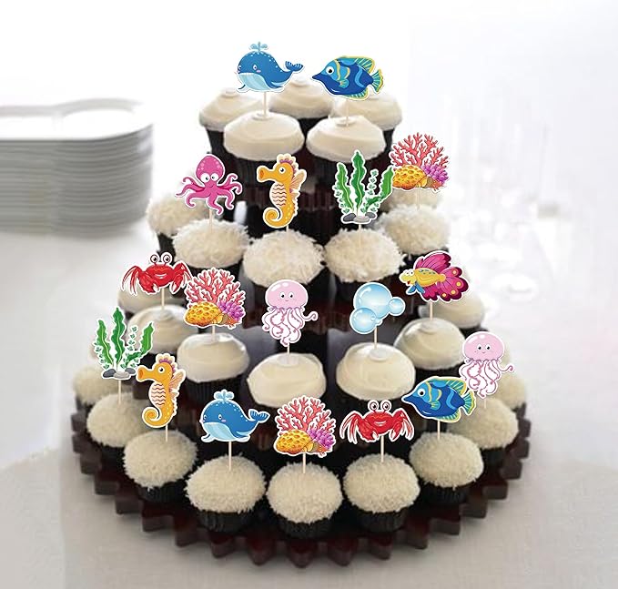 40 Pack Marine Animal Cupcake Toppers Glitter Starfish Hippocampus Seaweed Ocean Sea Animal Creature Marine Cupcake Picks Kids Birthday Baby Shower Summer Cake Decorations Style 1