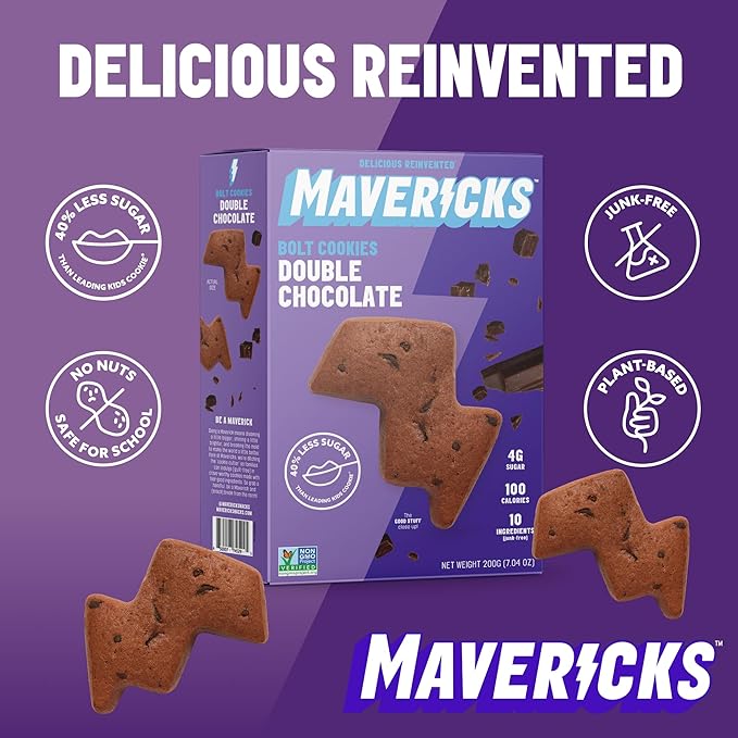 Mavericks Double Chocolate Bolt Cookies - Plant-Based Chocolate Chip Cookies, Healthy, Plant Based Snack for Kids, Nut Free, 40% Less Sugar - 7 oz Box (8 Pack)