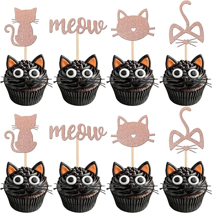 YCTHUNFISH Cat Cake Toppers - 24 Pc Black Glitter Kitten Themed Cupcake Decorations for Wedding, Birthday, Baby Shower - Rose Gold
